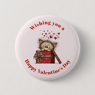 Schattig Cartoon Kitten met Hartjes Valentijnsdag Ronde Button 5,7 Cm