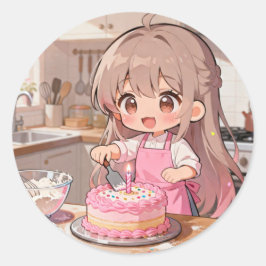 Schattig cartoon meisje dat een cake maakt ronde sticker