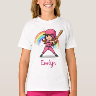 Schattig Cartoon Meisje Honkbalspeler in Roze T-shirt