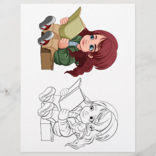 Schattig cartoon meisje leest boek kleurplaat flyer