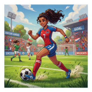 Schattig Cartoon Meisje Speelt Voetbal Perfect Poster