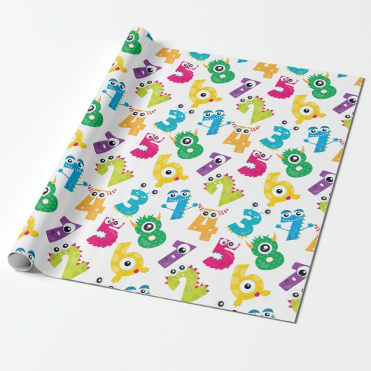 Schattig Cartoon Monster Cijfers Patroon Cadeaupapier (Uitgerold)