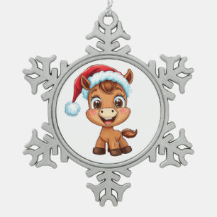 Schattig Cartoon Paard in Kerstmuts en Sjaal Tin Sneeuwvlok Ornament