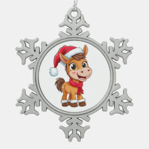 Schattig Cartoon Paard in Kerstmuts en Sjaal Tin Sneeuwvlok Ornament