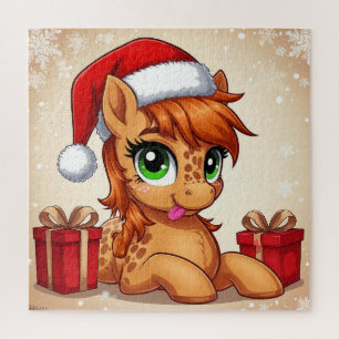 Schattig Cartoon Paardje in Kerstman Hoed Legpuzzel