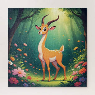 Schattig Cartoon Ree met Levendige Bloemen Legpuzzel