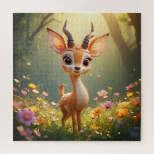 Schattig Cartoon Ree met Levendige Bloemen Legpuzzel