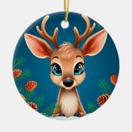 Schattig Cartoon Rendier in de Winter met Dennenap Keramisch Ornament