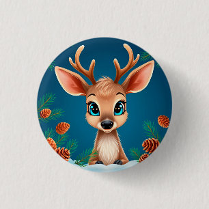 Schattig Cartoon Rendier in de Winter met Dennenap Ronde Button 3,2 Cm