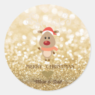 Schattig Cartoon rendiertje, Santa Hat, Glittery B Ronde Sticker