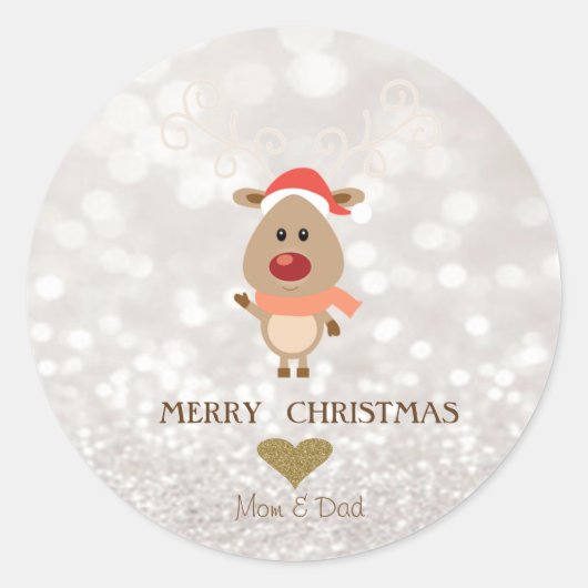 Schattig Cartoon rendiertje, Santa Hat, Glittery B Ronde Sticker (Voorkant)