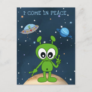 Schattig Cartoon Ruimte Alien Ik Kom In Vrede Teke Briefkaart