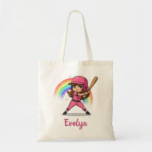 Schattig Cartoonees Meisje Honkbalspeler in Roze Tote Bag