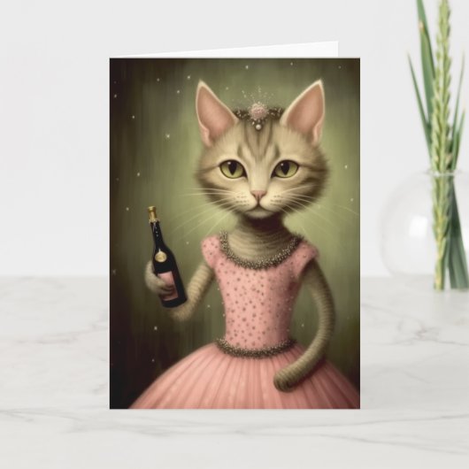 Schattig Cat Houdt een champagnefles Kaart (Voorkant)