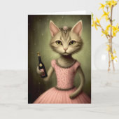 Schattig Cat Houdt een champagnefles Kaart (Gele Bloem)