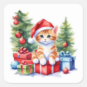 Schattig Cat Kerst sticker - Kat bij de boom