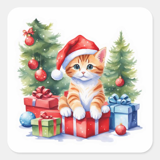 Schattig Cat Kerst sticker - Kat bij de boom (Voorkant)