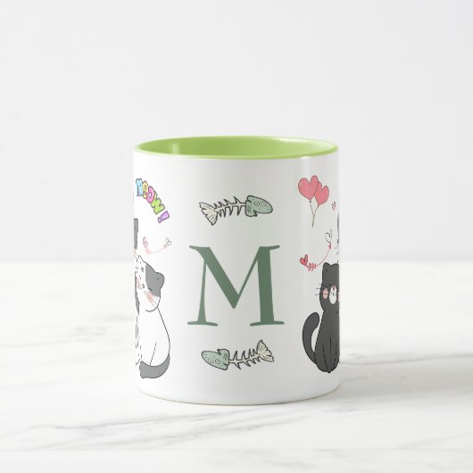 Schattig Cats Meow Hearts Theme Monogram Mok (Midden)