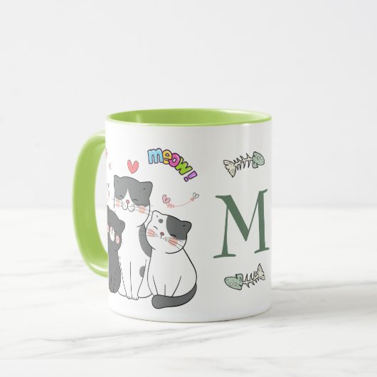 Schattig Cats Meow Hearts Theme Monogram Mok (Voorkant links)