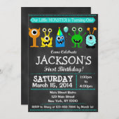 Schattig Chalkboard Monster Bash First Birthday Kaart (Voorkant / Achterkant)