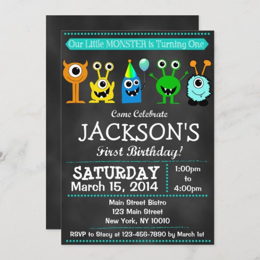 Schattig Chalkboard Monster Bash First Birthday Kaart (Voorkant / Achterkant)