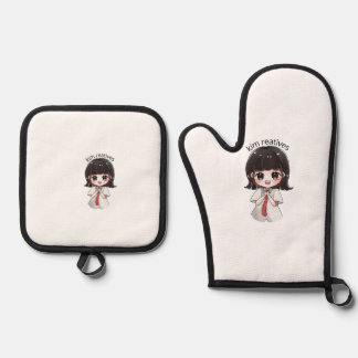 Schattig Chibi Anime Meisje Keuken Oven Mitten en Ovenwant & Pannenlap Set