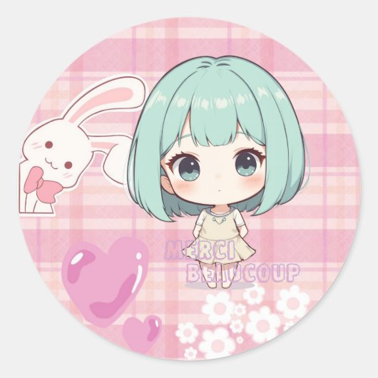 Schattig Chibi Groen Haar Ronde Sticker (Voorkant)