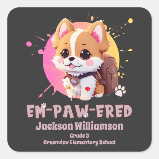 Schattig Chibi Kawaii Corgi Naam School Jaar op Te Vierkante Sticker (Voorkant)