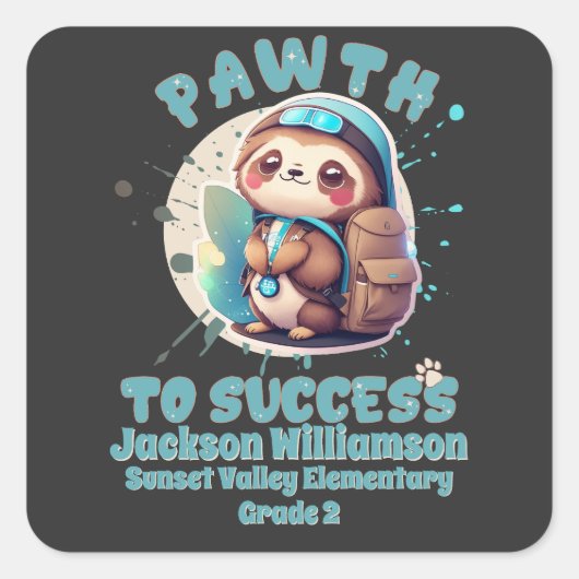 Schattig Chibi Kawaii Sloth Naam School Grade Vierkante Sticker (Voorkant)