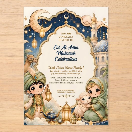 Schattig Chibi Kind Luxe Eid Al Adha Mubarak  Acryl Uitnodigingen (Voorkant)