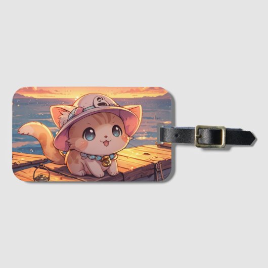 Schattig Chibi Kitten bij de Haven Zonsondergang – Bagagelabel (Voorkant (horizontaal))
