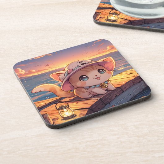 Schattig Chibi Kitten bij de Haven Zonsondergang – Bier Onderzetter (Linkerzijde)