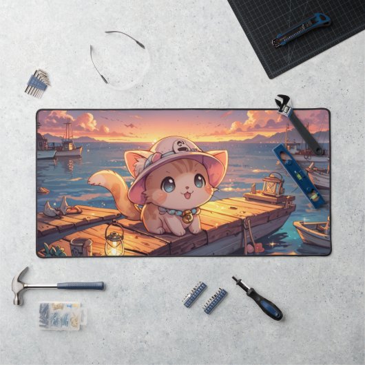 Schattig Chibi Kitten bij de Haven Zonsondergang – Bureaumat (Werkstation)