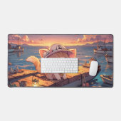 Schattig Chibi Kitten bij de Haven Zonsondergang – Bureaumat (Keyboard & Muis)