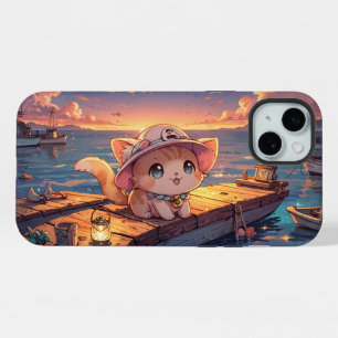 Schattig Chibi Kitten bij de Haven Zonsondergang – iPhone 15 Plus Case