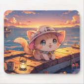 Schattig Chibi Kitten bij de Haven Zonsondergang – Muismat (Voorkant)