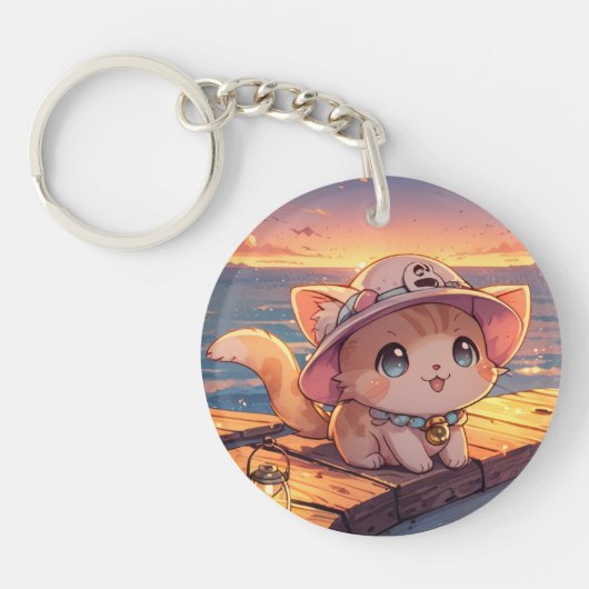Schattig Chibi Kitten bij de Haven Zonsondergang – Sleutelhanger (Voorkant)