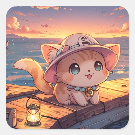 Schattig Chibi Kitten bij de Haven Zonsondergang – Vierkante Sticker (Voorkant)