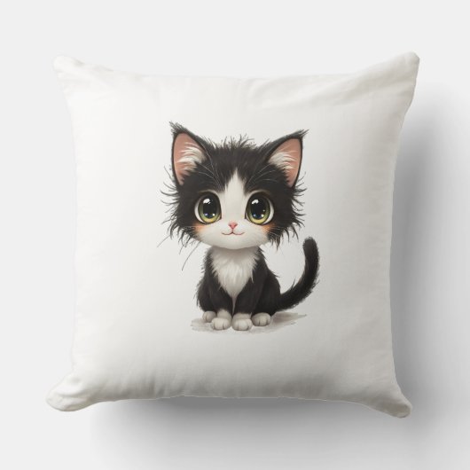 Schattig chibi kitten met pluizig zwart-wit kussen (Voorkant)