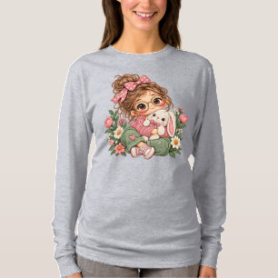 Schattig Chibi Meisje Borduurwerk Stijl Bloemrijke T-shirt