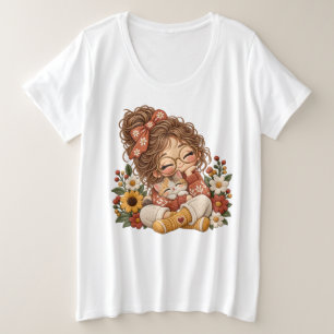 Schattig Chibi Meisje En Kitten Bloemrijke Borduur Grote Maat T-shirt
