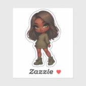 Schattig chibi meisje in olijfgroen sticker (Vel)