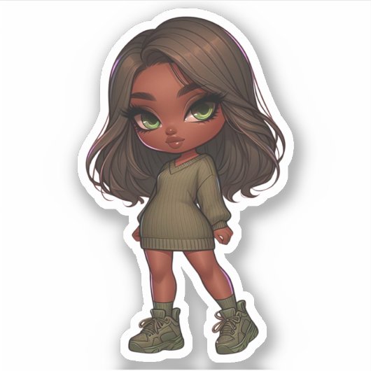 Schattig chibi meisje in olijfgroen sticker (Voorkant)