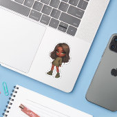 Schattig chibi meisje in olijfgroen sticker (Laptop met iPhone)