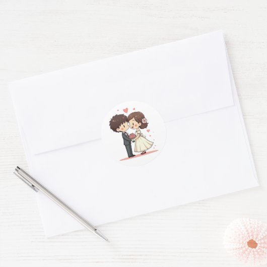 Schattig Chibi paar - Vintage bruiloft scene Ronde Sticker (Envelop)