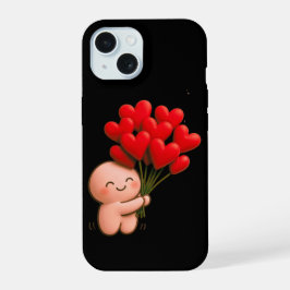 Schattig Chibi-personage met rode hartballonnen iPhone 15 Case