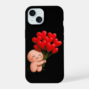 Schattig Chibi-personage met rode hartballonnen iPhone 15 Case