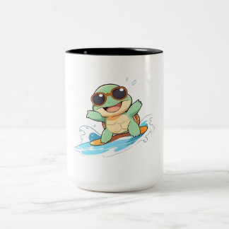 Schattig Chibi Schildpad Surfer Zomer Strand Desig Tweekleurige Koffiemok