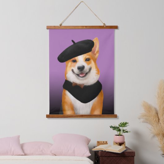 Schattig Chic Corgi Hond Dragen Beret & Bandana Hangend Wandkleed (Slaapkamer)