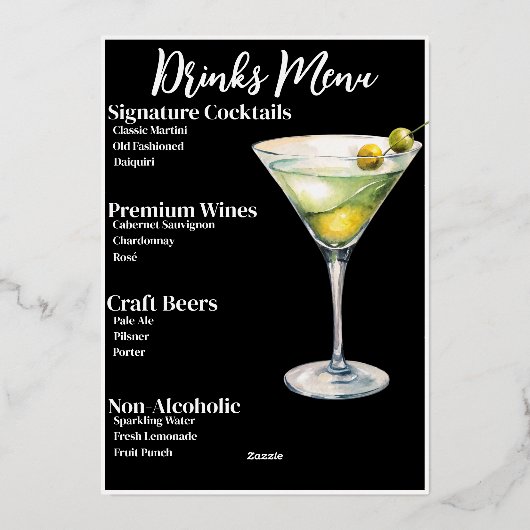 Schattig Chic Goudfolie Dranken Feest Bar Menu (Achterkant)